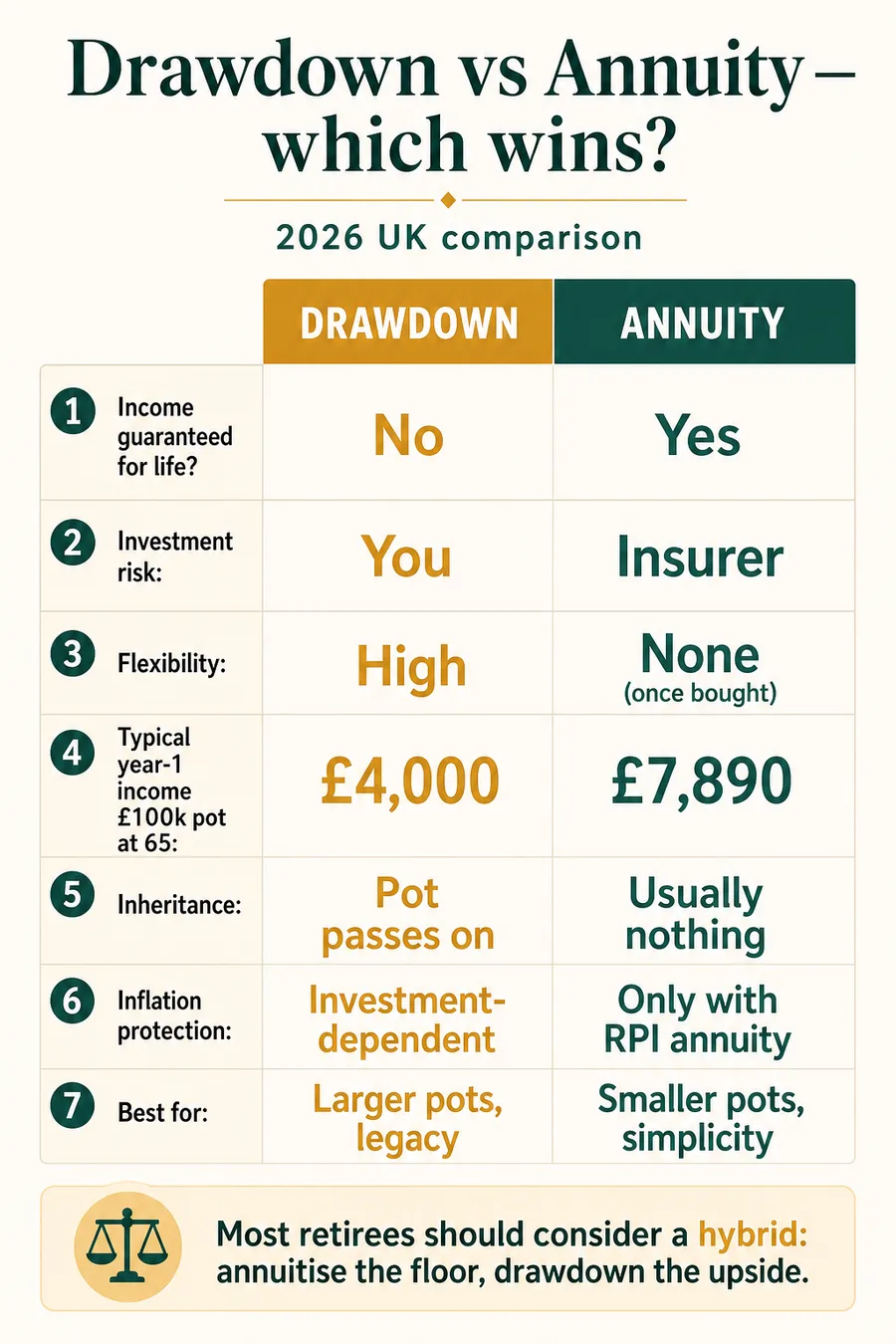 UK drawdown vs annuity comparison 2026 — flexibility, guarantee, inheritance, investment risk