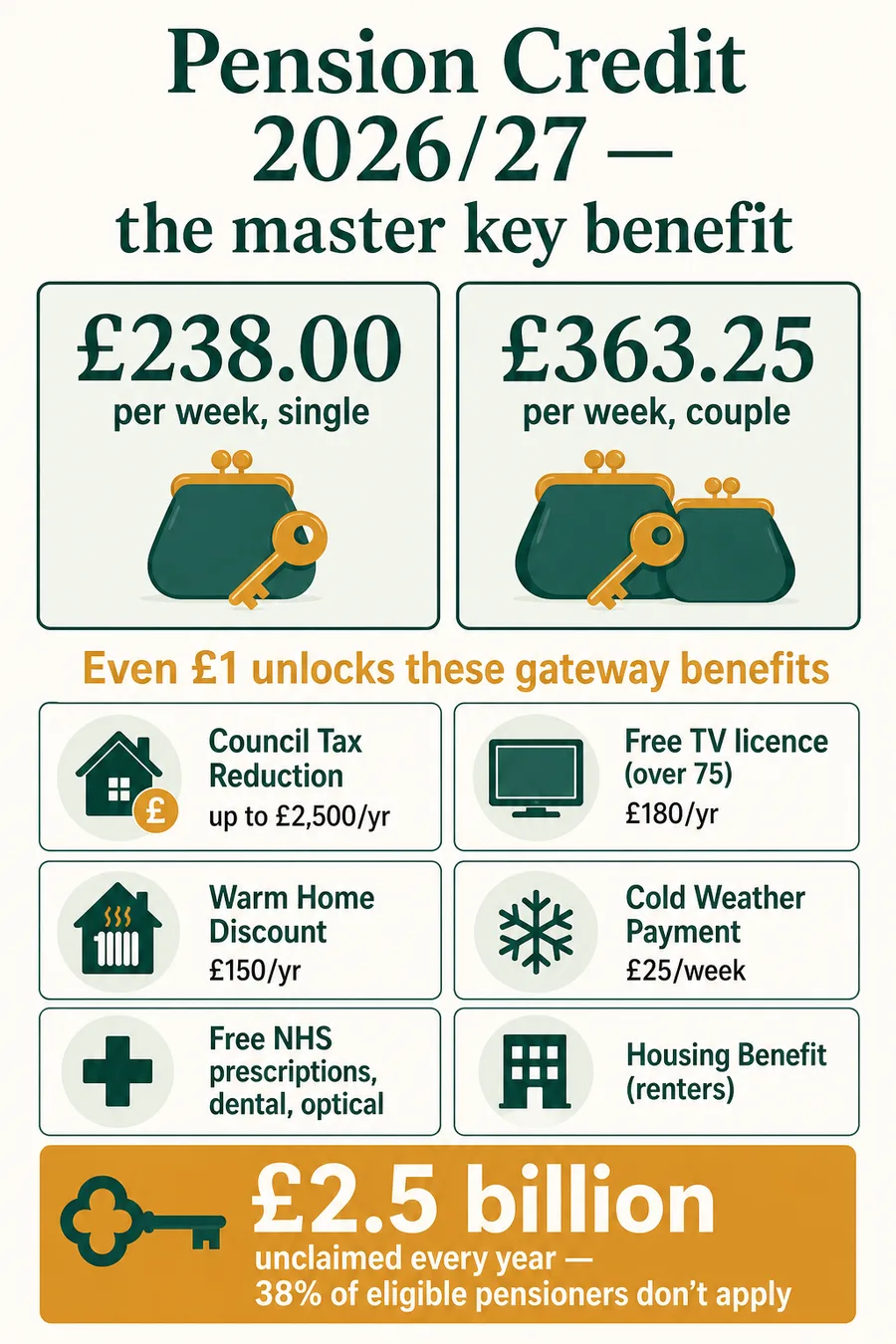 Pension Credit 2026/27 — £238 single, £363.25 couple, with gateway benefits worth thousands more