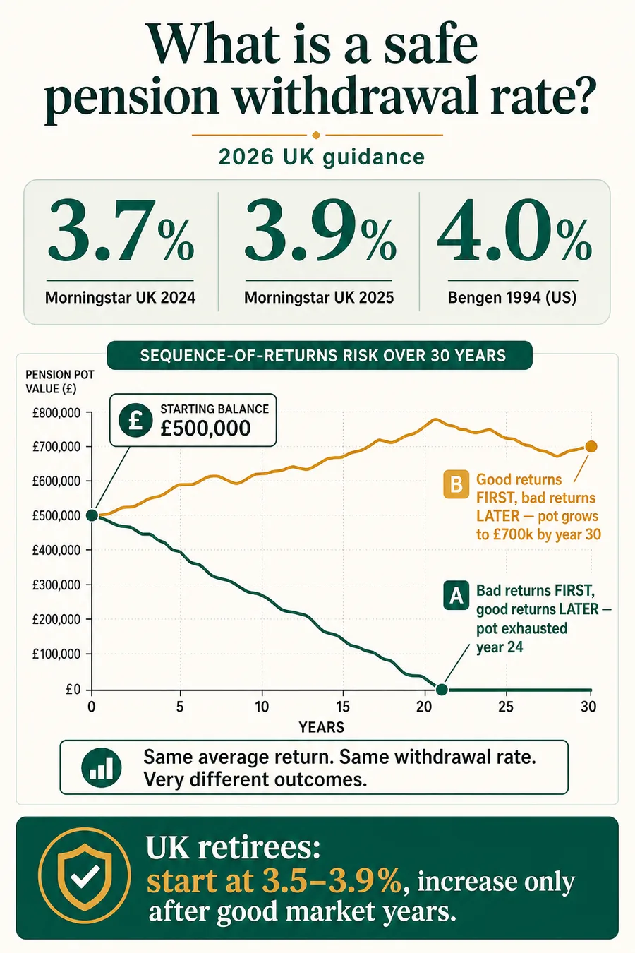 UK safe withdrawal rate 2026 — Morningstar 3.7% vs Bengen 4% rule — sequence-of-returns risk